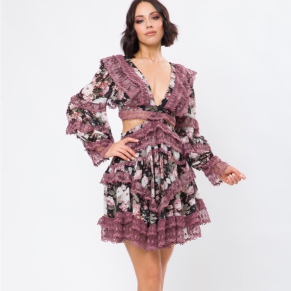 Dresses & Skirts - 877. Floral Long Sleeve Lace Ruffle Mini Dress With Criss-Cross Back